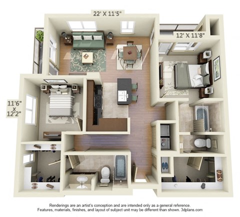 Floor plan for 2 beds, 2 baths, 1309 sqft